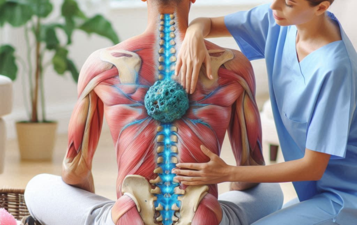 Image showing a patient receiving holistic care for a spinal tumor, including physical therapy and emotional support