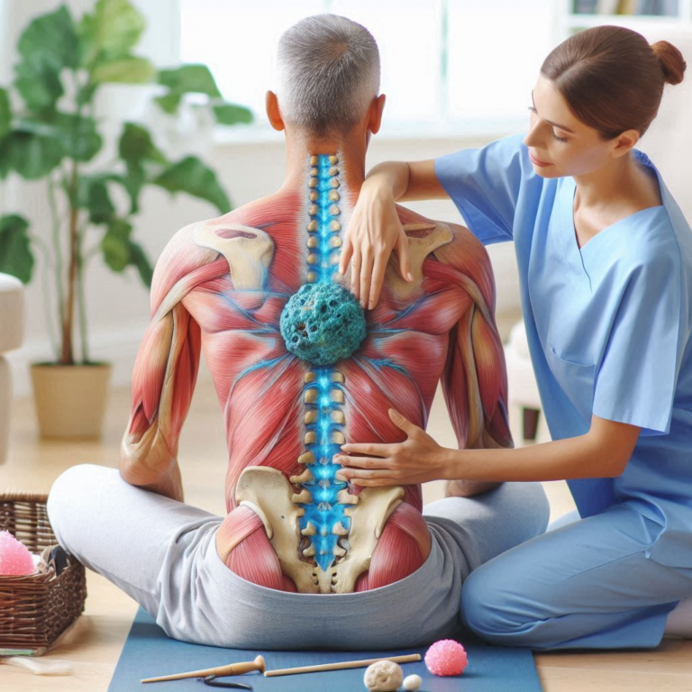 Image showing a patient receiving holistic care for a spinal tumor, including physical therapy and emotional support