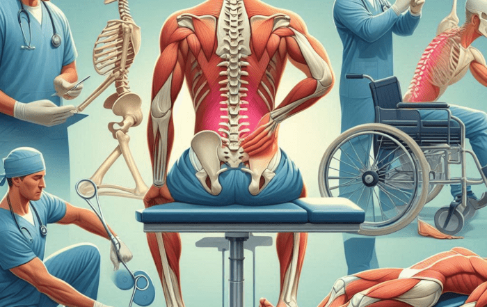 Illustration showing different modern treatment options for slipped disks, including physical therapy and surgical procedures.