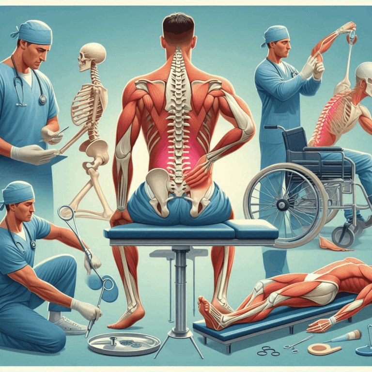 Illustration showing different modern treatment options for slipped disks, including physical therapy and surgical procedures.